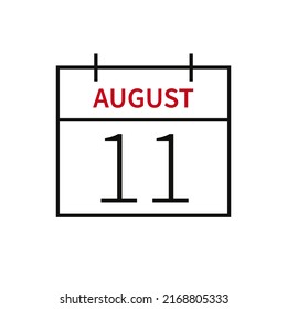 Calendario con fecha 11 de agosto, icono de línea, nombre y fecha de mes. Ilustración vectorial plana para el diseño gráfico de la interfaz de usuario.