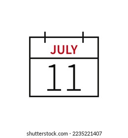 Calendar with date 11 july, line icon month name and date. Flat vector illustration for UI graphic design.