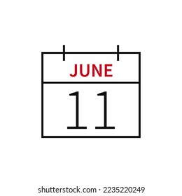 Calendar with date 11 june, line icon month name and date. Flat vector illustration for UI graphic design.