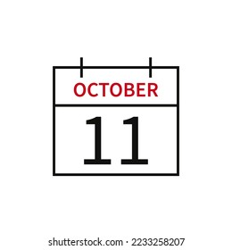 Calendario con fecha 11 de octubre, icono de línea nombre y fecha de mes. Ilustración vectorial plana para el diseño gráfico de la interfaz de usuario.