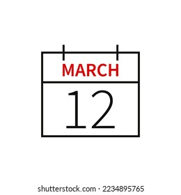Calendar with date 12 march, line icon month name and date. Flat vector illustration for UI graphic design.