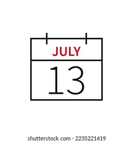 Calendar with date 13 july, line icon month name and date. Flat vector illustration for UI graphic design.