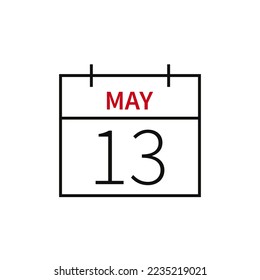 Calendario con fecha 13 de mayo, icono de línea nombre de mes y fecha. Ilustración vectorial plana para el diseño gráfico de la interfaz de usuario.