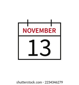 Calendar with date 13 november, line icon month name and date. Flat vector illustration for UI graphic design.