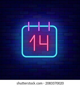 Calendar with date 14 neon icon. Happy Valentines Day. Outer glowing effect sign. Romantic holiday concept. Luminous label. Editable stroke. Isolated vector stock illustration