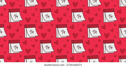 Calendario con fecha 14 sin patrón. Fondo del día de San Valentín con corazones rojos. Impresión linda romántica para los textiles, empaquetado, papel, diseño, Vector