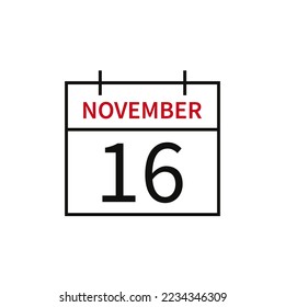 Calendar with date 16 november, line icon month name and date. Flat vector illustration for UI graphic design.