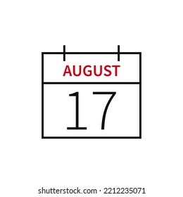 Calendar with date 17 august, line icon month name and date. Flat vector illustration for UI graphic design.