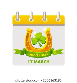 Calendar with date 17 march and Horseshoe, ribbon and clover or shamrock for your greeting card, sticker, design, print or invitation