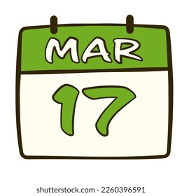 Calendar with date 17 March. St. Patrick's Day. Cartoon flat icon. Vector illustration. Isolated on white background