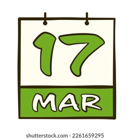 Calendar with date 17 March. St. Patrick's Day. Cartoon flat icon. Vector illustration. Isolated on white background