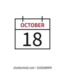 Calendario con fecha 18 de octubre, icono de línea nombre y fecha de mes. Ilustración vectorial plana para el diseño gráfico de la interfaz de usuario.