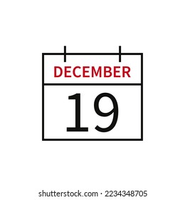 Calendario con fecha 19 de diciembre, icono de línea, nombre y fecha de mes. Ilustración vectorial plana para el diseño gráfico de la interfaz de usuario.