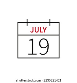 Calendar with date 19 july, line icon month name and date. Flat vector illustration for UI graphic design.