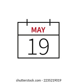 Calendario con fecha 19 de mayo, icono de línea nombre de mes y fecha. Ilustración vectorial plana para el diseño gráfico de la interfaz de usuario.