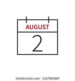 Calendar with date 2 august, line icon month name and date. Stroke outline, flat vector illustration for UI graphic design.