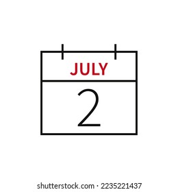Calendar with date 2 july, line icon month name and date. Flat vector illustration for UI graphic design.