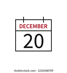 Calendar with date 20 december, line icon month name and date. Flat vector illustration for UI graphic design.
