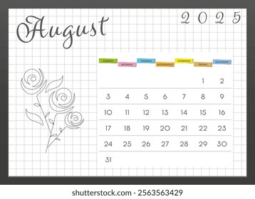 A calendar with the date 2025 August month