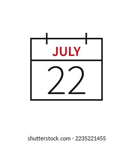 Calendar with date 22 july, line icon month name and date. Flat vector illustration for UI graphic design.