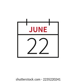 Calendar with date 22 june, line icon month name and date. Flat vector illustration for UI graphic design.