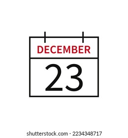 Calendar with date 23 december, line icon month name and date. Flat vector illustration for UI graphic design.