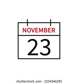 Calendar with date 23 november, line icon month name and date. Flat vector illustration for UI graphic design.