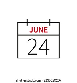 Calendar with date 24 june, line icon month name and date. Flat vector illustration for UI graphic design.
