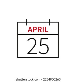 Calendario con fecha 25 de abril, icono de línea nombre y fecha de mes. Ilustración vectorial plana para el diseño gráfico de la interfaz de usuario.