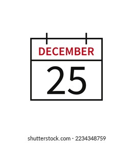 Calendar with date 25 december, line icon month name and date. Flat vector illustration for UI graphic design.