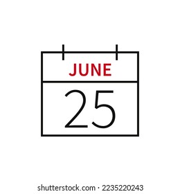 Calendar with date 25 june, line icon month name and date. Flat vector illustration for UI graphic design.