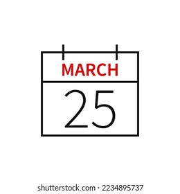 Calendar with date 25 march, line icon month name and date. Flat vector illustration for UI graphic design.