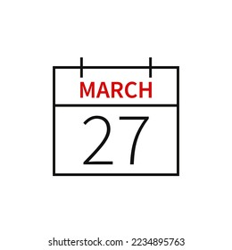 Calendar with date 27 march, line icon month name and date. Flat vector illustration for UI graphic design.