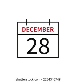Calendar with date 28 december, line icon month name and date. Flat vector illustration for UI graphic design.