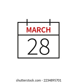 Kalender mit Datum 28 März, Zeile Symbol Monat und Datum. Flache Vektorgrafik für UI-Grafikdesign.