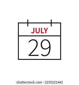 Calendario con fecha 29 de julio, icono de línea nombre y fecha de mes. Ilustración vectorial plana para el diseño gráfico de la interfaz de usuario.
