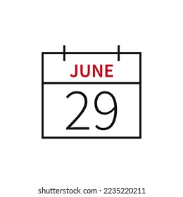 Calendar with date 29 june, line icon month name and date. Flat vector illustration for UI graphic design.