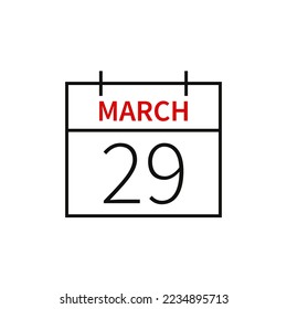Calendario con fecha 29 de marzo, icono de línea, nombre y fecha de mes. Ilustración vectorial plana para el diseño gráfico de la interfaz de usuario.