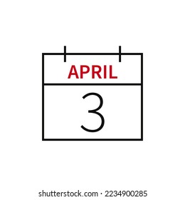 Calendario con fecha 3 de abril, icono de línea nombre y fecha de mes. Ilustración vectorial plana para el diseño gráfico de la interfaz de usuario.