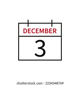 Calendar with date 3 december, line icon month name and date. Flat vector illustration for UI graphic design.
