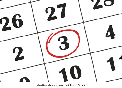 Calendar date 3 is highlighted in red pencil. New Year. Beginning of the month. Save the date in your calendar
