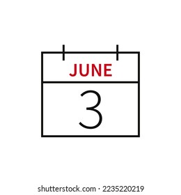 Calendario con fecha 3 de junio, icono de línea nombre y fecha de mes. Ilustración vectorial plana para el diseño gráfico de la interfaz de usuario.