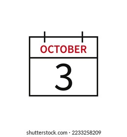 Calendar with date 3 october, line icon month name and date. Flat vector illustration for UI graphic design.