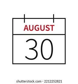 Calendario con fecha 30 de agosto, icono de línea, nombre y fecha de mes. Ilustración vectorial plana para el diseño gráfico de la interfaz de usuario.