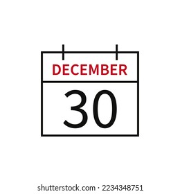 Calendar with date 30 december, line icon month name and date. Flat vector illustration for UI graphic design.