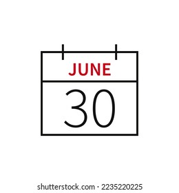 Calendar with date 30 june, line icon month name and date. Flat vector illustration for UI graphic design.