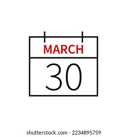 Calendario con fecha 30 de marzo, icono de línea, nombre y fecha de mes. Ilustración vectorial plana para el diseño gráfico de la interfaz de usuario.