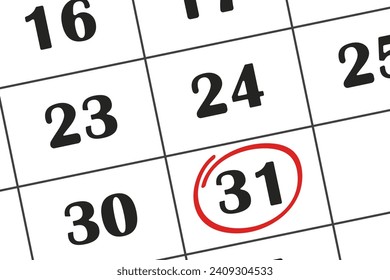 Fecha del calendario, 31 días se redondea en el marcador rojo. Calendario mensual. Guarde la fecha escrita en su calendario.