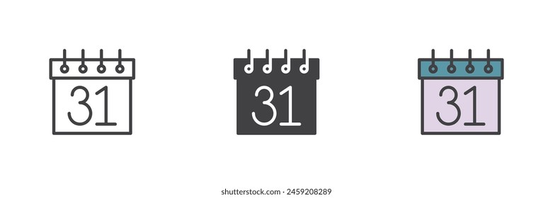 Calendar date 31 different style icon set. Line, glyph and filled outline colorful version, outline and filled vector sign. End of month symbol, logo illustration. Vector graphics
