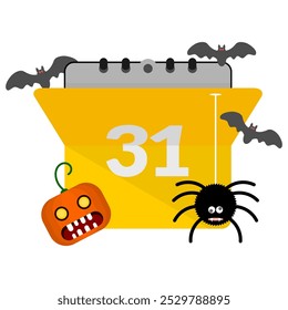 31. 31 de octubre. Celebración de Halloween. Día de Halloween. Personajes de Halloween como araña, murciélagos, Jack o'lantern. promoción especial. publicidad. descuento. Ilustración vectorial